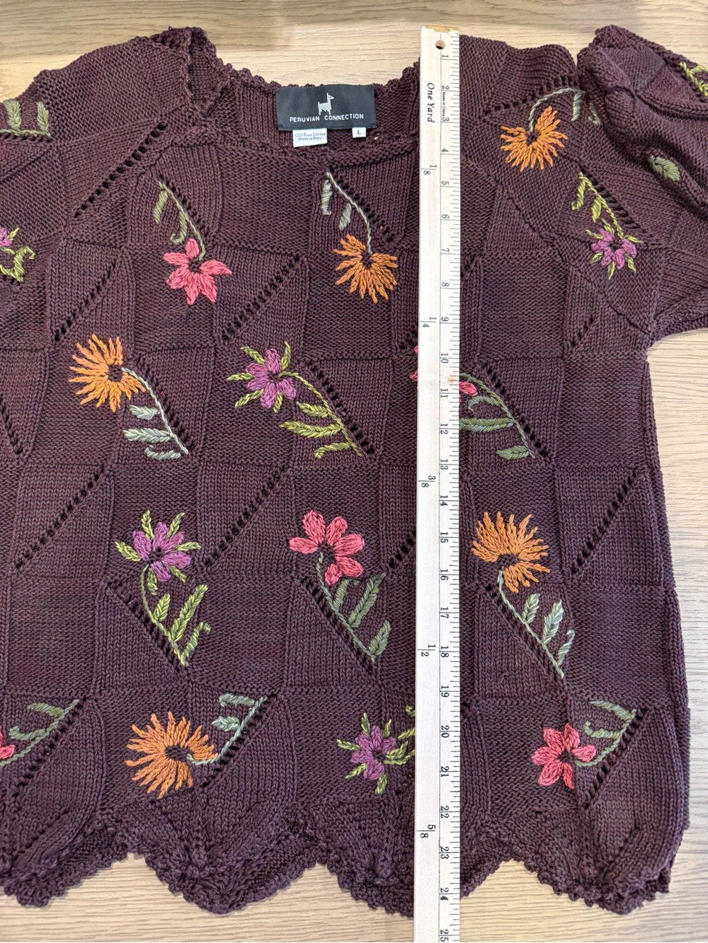 Peruvian Connection L Embroidered Pima Cotton Open Knit Floral Sweater Boho Art - Picture 13 of 14
